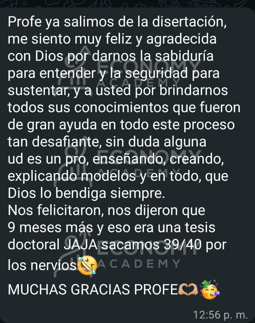 Captura anónima: agradecimiento por la preparación y explicación de modelos; relata una disertación con nota de 39/40.