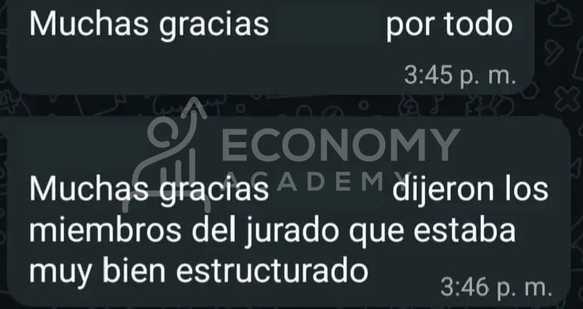 Captura con nombres cubiertos: agradecimiento y relato de que el jurado consideró el trabajo muy bien estructurado.