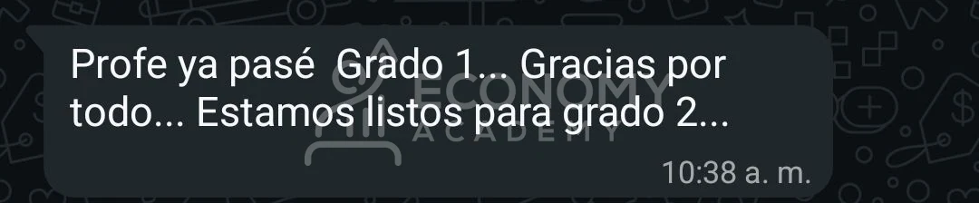 Captura anónima: una persona comunica que pasó Grado 1 y está lista para Grado 2.