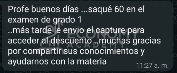 Otra captura de la conversación sobre el examen de Grado 1: agradecimiento por los conocimientos y reporte de 60 puntos.
