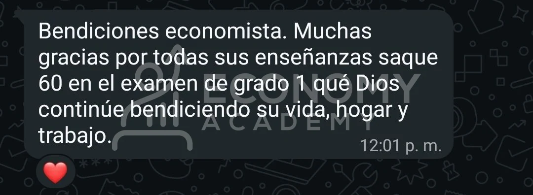 Captura anónima: mensaje de agradecimiento por las enseñanzas y reporte de 60 puntos en el examen de Grado 1.